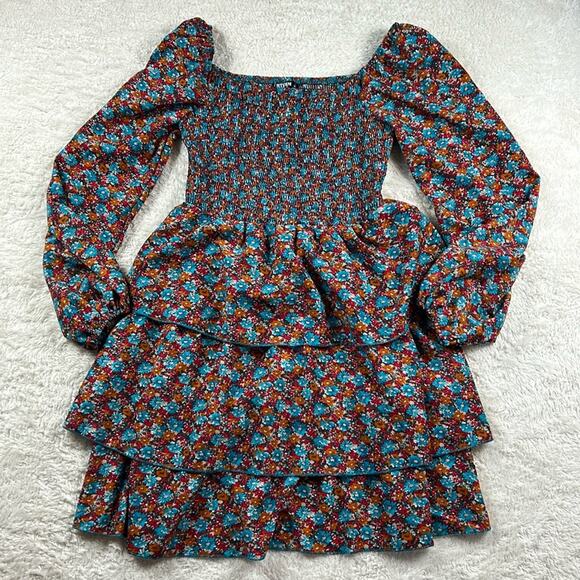 BTFBM floral print bishop sleeve smocked bodice tiered ruffle peasant dress, Med - Picture 1 of 9